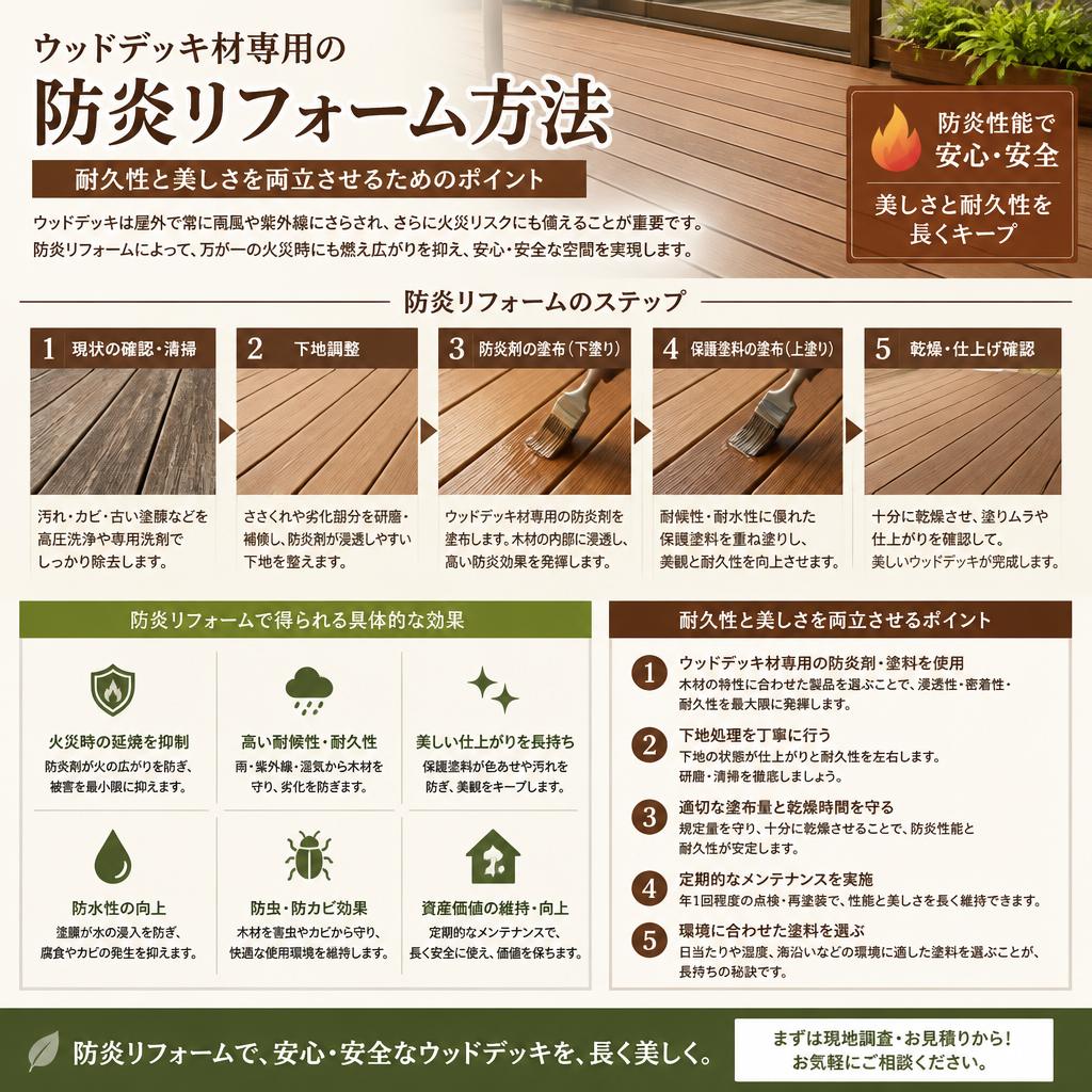 ウッドデッキ材の防炎対策